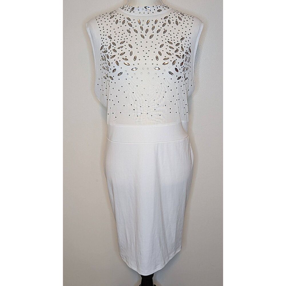 White Rhinestone Crystal Sheer Mesh Mock Neck Bodycon Mini Dress XXL